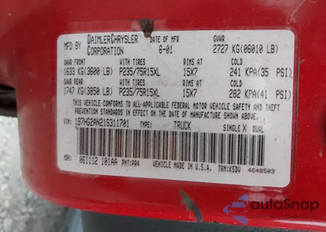 2001 Dodge Dakota Slt/Sport from USA, damaged, VIN 1B7HG2AN21S311701